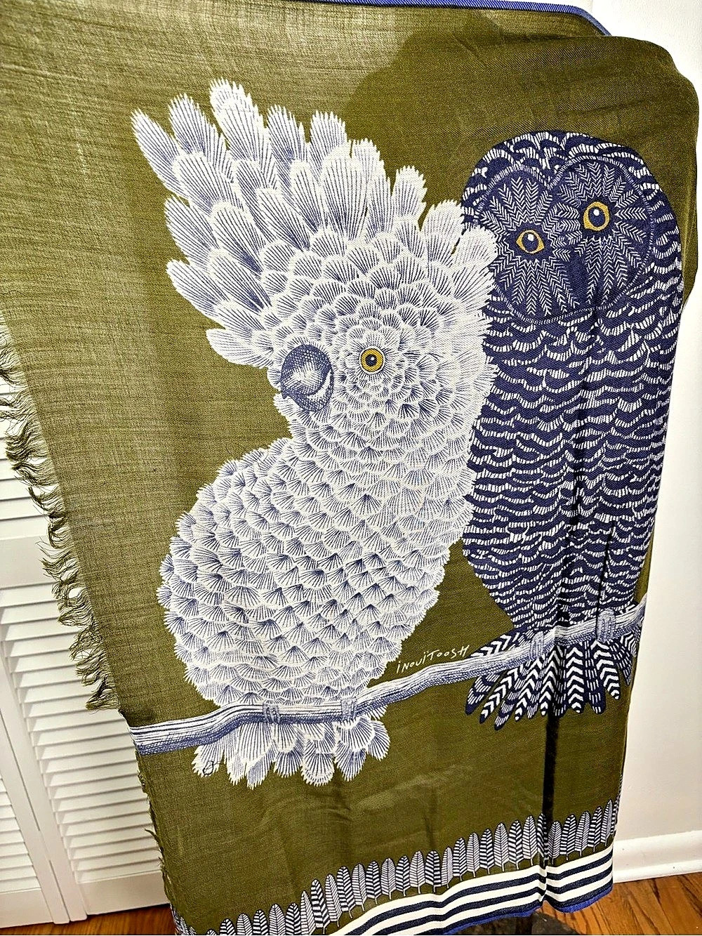 Inoui Editions (InouïToosh) Archimede Khaki Wool Scarf Owl Cat Cockatoo 39x78”